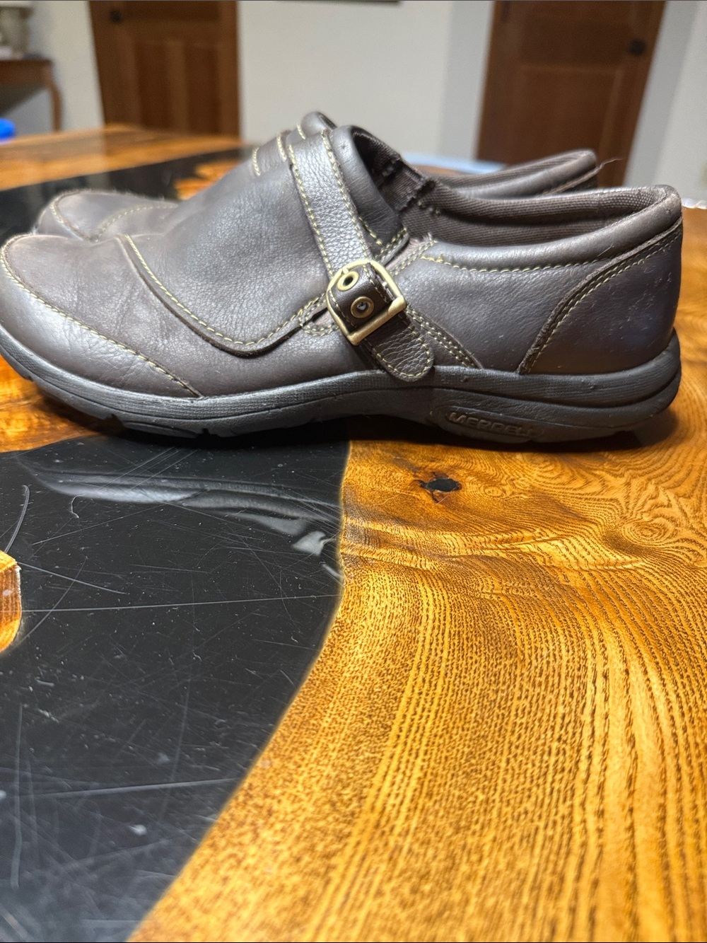 Women's Brown Slip-On Leather Shoes with Buckle